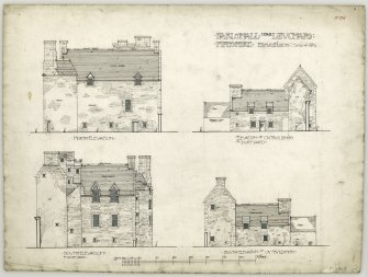 North and south elevations of Earlshall and elevations of outbuildings.