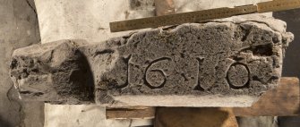 Carpow Pictish cross slab fragment face b, view showing re-use as lintel with chamfer dated 1610 (including scale)