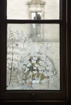 Ground floor. Still room. Detail of fern etched glass in window.