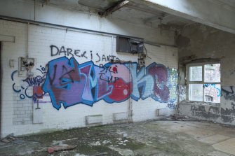 Hackling Department building. Interior. Attic floor south end. Graffiti.