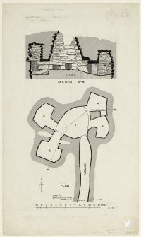 Publication drawing; plan and section of chambered cairn, Vinquoy Hill