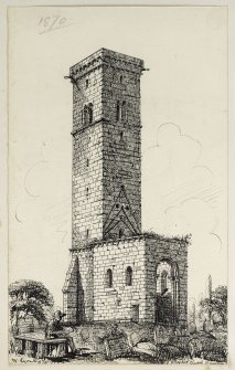 Drawing of St Rule's Tower, St Andrews inscribed 'St Regulus Chapel, St Andrews, W Lyon 1870'.