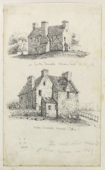 Drawing of houses next to Falside Castle inscribed 'Easter Fawside House, Edin, Oct 1869 WL, Wester Fawside House, Edin and The walls alone remained of these houses in 1869'.