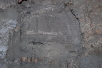Standing building survey, Room 0/2, Detail of stone with incised decoration in N wall, Kellie Castle, Arbirlot