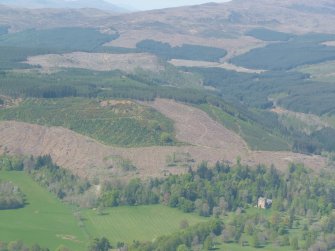 Aerial view of Castle Leod and forests near Strathpeffer, Easter Ross, looking NW.