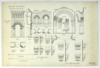 Dalmeny Parish Church
Elevation, section and plan of South doorway, elevation and plan of apse windows, details of corbel heads in apse and chancel, elevation, section and details chancel arch
Insc: 'Dalmeny Church, South Queensferry', '1/2" and 2" details of features'
Signed and dated: 'Holiday Work Session 1908 - 9, A MacPherson, 3rd year'