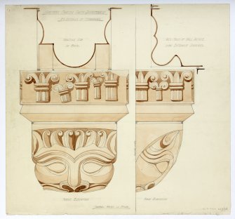 Dalmeny Parish Church, interior
Elevations of corbel head and section of vaulting rib in apse
Insc: 'Dalmeny Church, South Queensferry', 'Full Scale Details of Stonework'
Not signed or dated