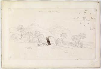 Annotated drawing and plan of Bandirran stone circle with hill fort in distance.