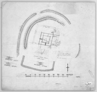 Working drawing of Cubbie Roo's Castle, including an outline plan of the castle and earthworks, with comparative plans of window openings.