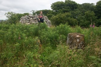 View of chamber and commemorative cairn from SW