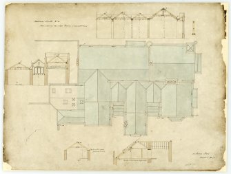 Drawing showing plan and details of roofing of new additions, Hoddom Castle.