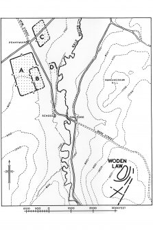 Map showing locations of the Pennymuir Roman temporary camps and Woden Law fort. 
Inventory no. 794.