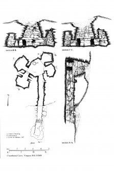 Plan and sections through chambered cairn.
