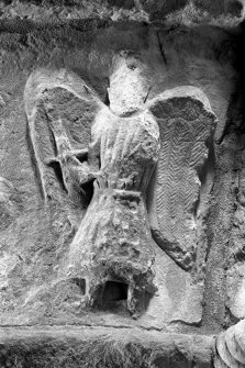 Iona, Iona Abbey, interior.
View of South choir-aisle, arch capital & detail of angel bearing sword from the Expulsion from Eden scene.