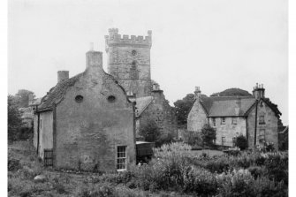 View of West gable of Parleyhill House with Abbey Manse and Tower in background, from West.