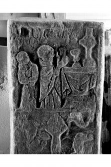 Iona, Iona Abbey museum.
View of medieval grave-slab showing detail of Eucharistic scene.