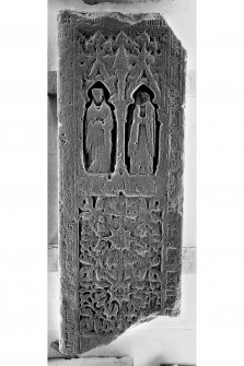 Iona, Iona Abbey.
View of medieval grave-slab L76 carved with figures of nun and lay woman.