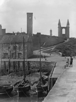 View from East of pier, Bell Rock Tavern and in background St Andrews Cathedral.