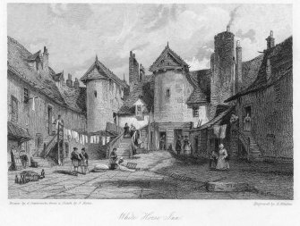 Engraving of White Horse Inn, Edinburgh, from South
Titled: 'Drawn by G Cattermole, from a sketch by J. Skene  Engraved by E. Findon  White Horse Inn  Waverley  London, Published June 1831 by Charles Tilt, 86 Fleet Street.'