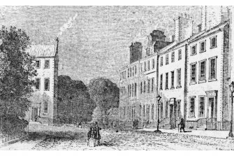 Photocopy of an engraving showing the South West corner of George Square.

