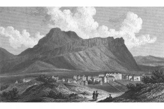 Edinburgh, Arthur's Seat, General
Photographic copy of engraving showing view of Salisbury Crags and Arthur's Seat
Copied from 'Views in Scotland'. Drawn by W Westall, A.R.A.; Engraved by J. Fife. Insc. 'Salisbury Crags near Edinburgh'