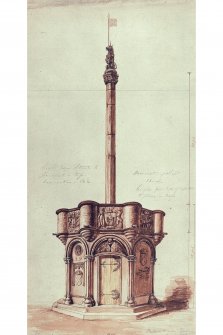Photographic copy of drawing showing proposed restoration with measurements
