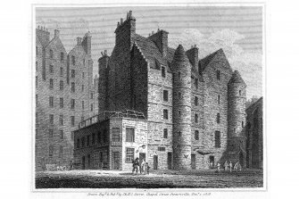 Photographic copy of engraving showing general view of Old Tolbooth
Insc. "The Tolbooth.      Drawn, Eng.d & pub.d by J & H S Storer, Chapel Street Pentonville, Dec.r 1, 1818"
Copied from "Views in Edinburgh Vol 2"