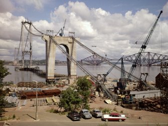 View of cables being spun during the construction of the Forth Road Bridge in 1962.