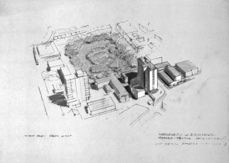 George Square, Appleton Tower.
Digital image of an aerial perspective from South-East.
Titled:   'University of Edinburgh.  George Square Development.  (1st year physics & maths.)'.
Insc:    'View from South East'.
