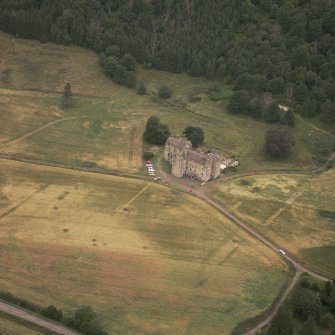 Aerial view of Castle Menzies showing the cropmarks of its former garden.