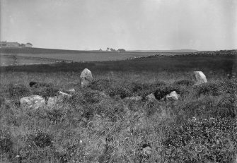 View of stone setting.
Original negative captioned: 'Stone Circle at Cairnwell near Portlethen Station looking North showing ...... [illegible] / July 1902 Stone Setting in foreground'.