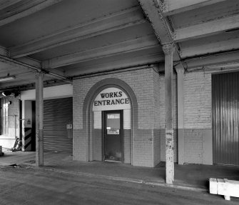Granton, United Wire Works: Detailed view of Works Entrance into former Madelvic Works (RCAHMS survey black & white photograph)