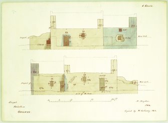 North and south elevations of Eynhallow Monastery with reconstruction of the roof indicated. Copied by W Galloway, 1868, after H Dryden, 1866.