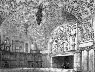 Digital image of a photographic copy of drawing showing view of hall.