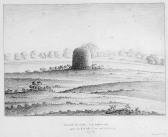 Scanned image of drawing of the Cat Stane. Inscr: 'Remarkable ancient stone, on the Kirkliston road, called the "Cats Stane", from nature by A Archer July 1836'.