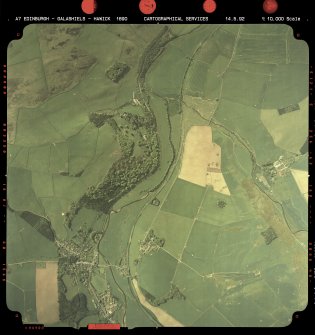 Vertical aerial view showing the course of The Waverley Line including Stow station.