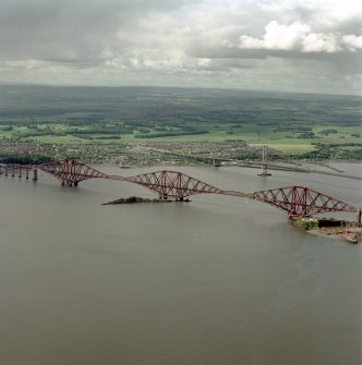 Scanned image of oblique aerial view of the Forth Bridge and the Forth Road Bridge, taken from the ENE.