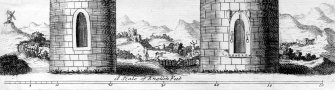 Detail of engraving of the Brechin and Abernethy round towers, depicting a surveyor at work.
From Alexander Gordon, Itinerarium Septentrionalis (1726).
