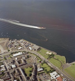 Oblique aerial view of Port Glasgow taken from the South, showing the tolbooth and the quay. The Waverley Steamer is also shown.  