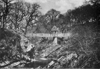 Copy of historic photograph showing general view from S.
Titled: 'Raehills Glen & Bridge, Moffat'.
Copied from an album, "Views of Moffat. Published by William Forrest. High Street, Moffat.", borrowed from Mr Maxwell-Irving.