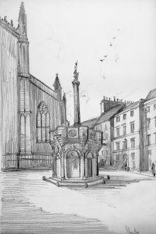 General view of Mercat cross with St Giles in background, Photograph of drawing by J Houston