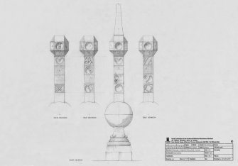 Drawing showing North, South, West and East elevations of East Sundial, Craigiehall House.
