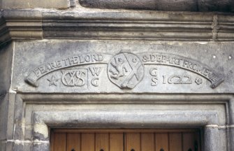 View of carved lintel above entrance to  Writers' Museum.