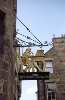 Detailed view of sign above entrance to The Writers' Museum (Lady Stair's House).