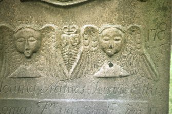 Detail of gravestone d. 1784 at St Regulus' burial ground, Monifieth.