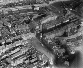Cupar, general view, showing Market Cross, Town Hall and Corn Exchange.  Oblique aerial photograph taken facing north-east.