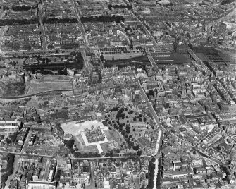 Edinburgh, general view, showing George Heriot's School and Waverley Station.  Oblique aerial photograph taken facing north.
