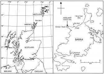 (Left) Scotland showing the Northern and Western Isles, with the location of VOC and associated wrecks. 1.
Lastdrager (1654), Yell, Shetland; 2. Kennemerland (1664), Out Skerries, Shetland; 3. de Liefde (1711), Out Skerries, Shetland;
4. Adelaar (1728), Barra, Outer Hebrides; 5. Curaçao (1729), Unst, Shetland. (Right) The Isle of Barra, showing the location
of the wreck site.