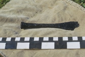 Iron tool, probably a bricklayer's line-pin. Scale in centimetres and inches.