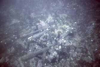 Maritime photographs: Underwater photograph of cannons in situ at the investigation of the wreck, Wrangels Palais. 
(Received with Archaeological Diving Unit (ADU) papers).